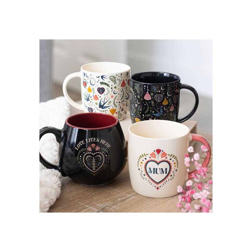 Love Lives Here Folk Heart Rounded Mug